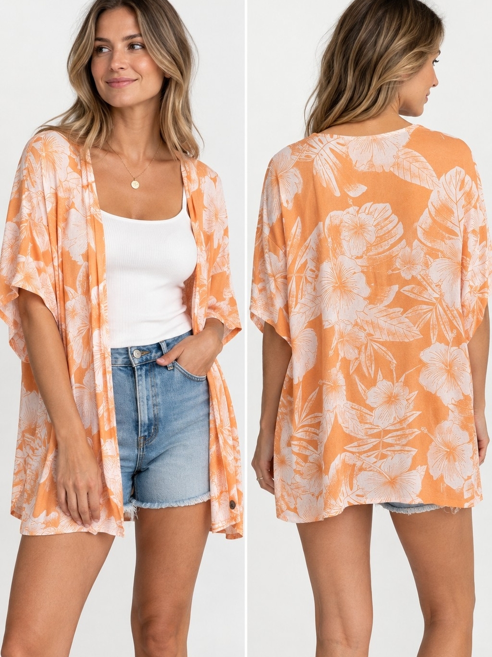 Roxy Orange and White Floral Kimono Swim Cover-Up
